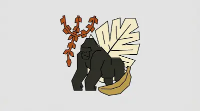 A geometric gorilla stands in front of a large tropical leaf, with a leafy branch to the left and a banana at its feet.