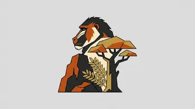 A stylized baboon profile integrated with a rocky landscape, an acacia tree, and leafy stalks.