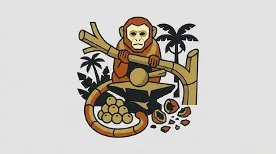 A capuchin monkey with a brown hood and cream face on a branch holding a hammer stone above an anvil beside cracked nut shells, whole palm nuts, and palm tree silhouettes on a light gray background
