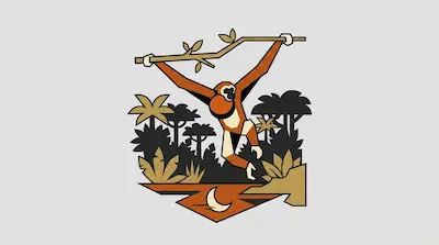 A gibbon with long outstretched arms swinging from a leafy branch above a dense tropical canopy silhouette with a crescent moon reflection in water on a light gray background