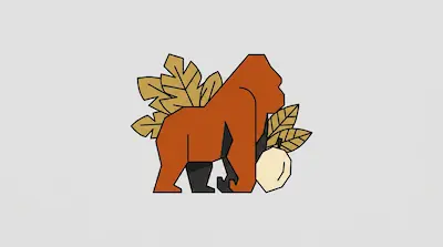 A stylized, geometric reddish-brown primate stands among tan leaves and a light-colored faceted object.