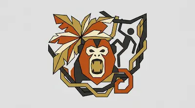 Flat illustration of a roaring monkey head with palm leaves and a climbing human figure in a geometric frame