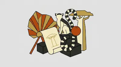 A geometric illustration of a ring-tailed lemur, a baobab tree, and a fan-shaped leaf in shades of tan, orange, and black.