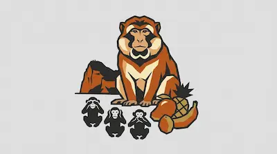A macaque with brown fur and a rounded muzzle sitting beside the Rock of Gibraltar silhouette, three wise monkey figures, and a cluster of tropical fruits on a light gray background