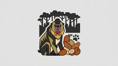 A mandrill with a red-and-blue ridged face and golden beard seated beside a dense rainforest canopy silhouette, a leopard paw print, and a cluster of tropical fruits on a light gray background