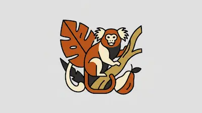 Flat illustration of a marmoset monkey on a branch with a large monstera leaf and a pear on a gray background