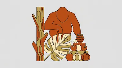 A stylized orange orangutan stands behind a tree trunk, a large leaf, and a stack of fruit and vegetables.