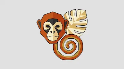 Flat illustration of a geometric monkey head with a spiral tail and a tropical leaf on a light gray background