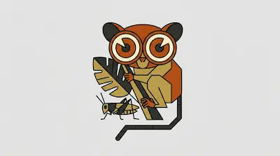 Flat illustration of a tarsier with large eyes clinging to a branch next to a grasshopper on a light gray background