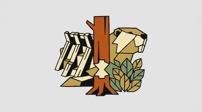 Flat illustration of a geometric beaver next to a gnawed tree trunk, a wooden dam, and green leaves on a gray background