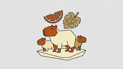 Flat illustration of three capybaras standing together with an orange slice and a monstera leaf on a gray background