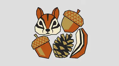 Flat illustration of a chipmunk head, two acorns, and a pinecone in a geometric style on a light gray background.
