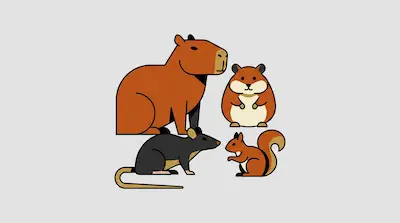 Flat illustration of a capybara, a hamster, a rat, and a squirrel with thick black outlines on a gray background