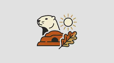 Flat illustration of a groundhog peeking out from a burrow next to a sun and an oak leaf on a gray background