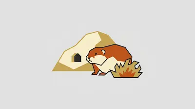 Flat illustration of a brown marmot standing by a small bush and a rocky burrow on a light gray background