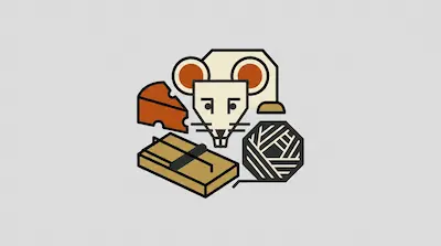 Flat illustration of a geometric mouse surrounded by a wedge of cheese, a mousetrap, and a ball of yarn.