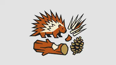 Flat illustration of a stylized porcupine, a pinecone, and a wooden log with thick black outlines on a gray background