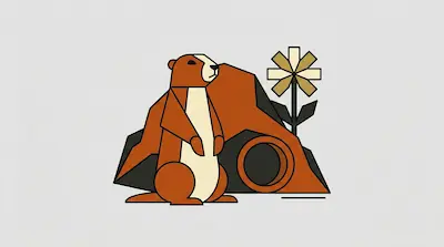 Flat illustration of a brown groundhog standing by its burrow and a geometric flower on a light gray background