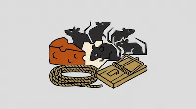 Flat illustration of several dark rats gathered around a wedge of cheese, a coiled rope, and a wooden mousetrap.
