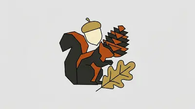 Flat illustration of a geometric squirrel with an acorn, a pinecone, and an oak leaf on a light gray background