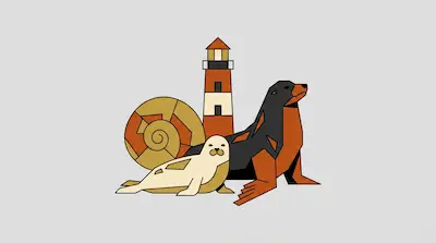 Flat illustration of a lighthouse, a large sea lion, a small seal, and a nautilus shell on a light gray background