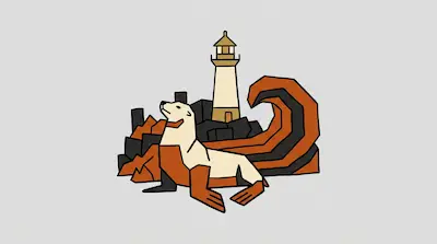 Flat illustration of a sea lion resting on rocks in front of a lighthouse and a stylized wave on a grey background