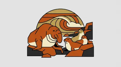 Flat illustration of an elephant seal and sea lions on a rocky shore with a large stylized wave in the background