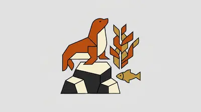 Flat illustration of a geometric sea lion on a rock with a small fish and seaweed on a light gray background