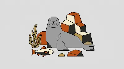 Flat illustration of a grey seal, a small fish, and geometric rocks on a light grey background with thick black outlines