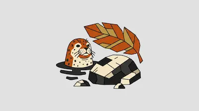 Flat illustration of a spotted seal peeking from a hole next to a geometric rock and a large orange leaf