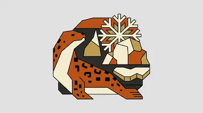 Flat illustration of a spotted leopard seal, a large snowflake, and geometric icebergs on a light gray background