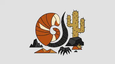 Flat illustration of a coiled pangolin next to a prickly cactus and desert rocks on a light grey background