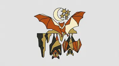 Geometric illustration of bats flying and hanging from a cave ledge under a crescent moon and stars on a gray background.