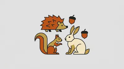 Flat illustration of a hedgehog, squirrel, and rabbit with acorns in a minimalist geometric style on a gray background