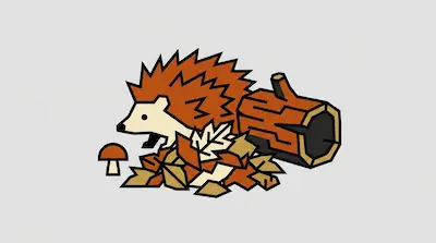 Flat illustration of a spiky orange hedgehog emerging from a pile of autumn leaves next to a hollow log and a mushroom