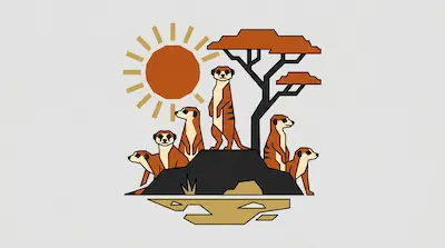 Flat illustration of a meerkat mob standing on a rock mound under a bright sun and an acacia tree in the savanna.