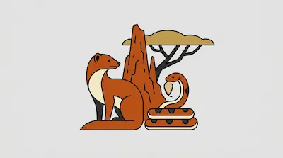 Flat illustration of a mongoose and a coiled snake near a termite mound and an acacia tree on a light gray background