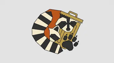 Flat illustration of a stylized raccoon curled around a trash can with a striped tail on a light gray background