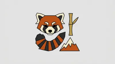 Flat geometric illustration of a red panda head, a striped tail, a bamboo stalk, and a mountain on a grey background