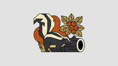 Flat illustration of a skunk standing by a hollow log with orange berries and leaves on a light grey background