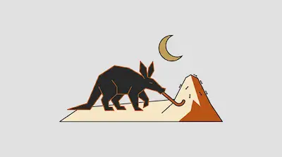 Flat illustration of a geometric aardvark eating ants from a mound under a crescent moon on a gray background