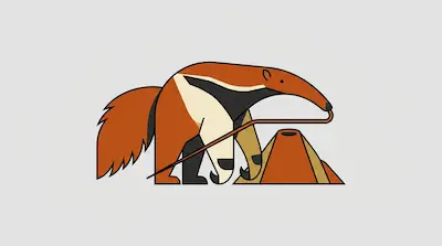 Flat illustration of a brown and black anteater using its long tongue to reach into an anthill on a gray background