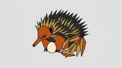 Flat illustration of a brown echidna with sharp black and tan quills protecting a single cream egg on a gray background