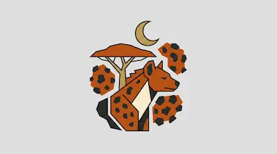 Flat illustration of a spotted hyena, an acacia tree, and a crescent moon on a light gray background