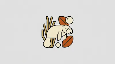 Flat illustration of a manatee swimming among reeds and brown leaves with thick black outlines on a gray background