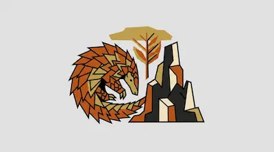Flat illustration of a scaly orange pangolin curled near a jagged rock formation and a stylized tree on a gray background