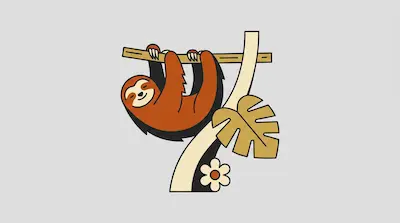 Flat illustration of a brown sloth hanging from a tree branch with a monstera leaf and a flower on a gray background