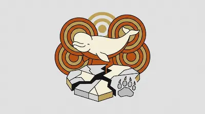 A white beluga whale with a rounded melon forehead amid cracked Arctic ice sheets, concentric sound wave rings, and a polar bear paw print on a light gray background