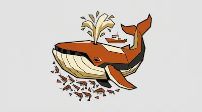 A geometric orange and cream whale spouts water above a school of krill, with a small boat in the background.