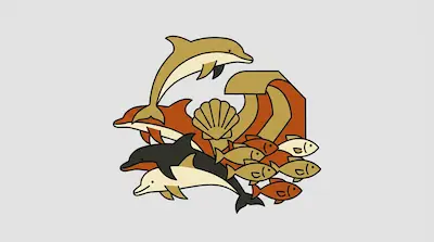A stylized arrangement of dolphins, fish, and a scallop shell in front of a geometric wave in shades of gold, orange, and grey.